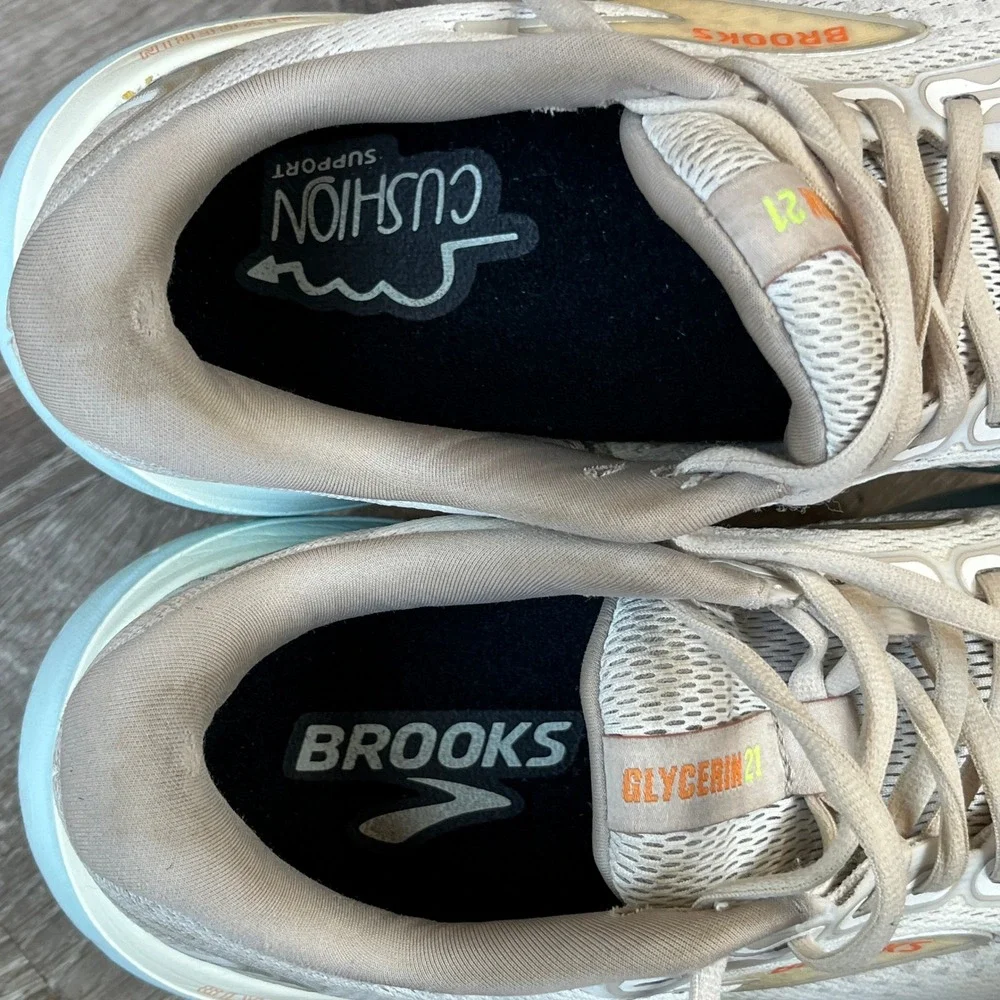 Brooks Glycerin 21 Womens Running Shoes Size 8.5 White Blue Orange 1204081B195